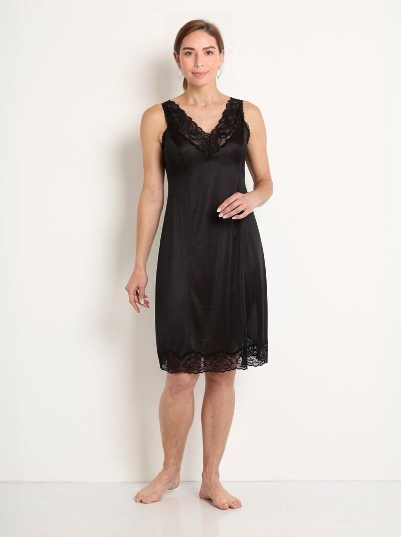 Fond de robe satiné antistatique et dentelle Noir - Kiabi