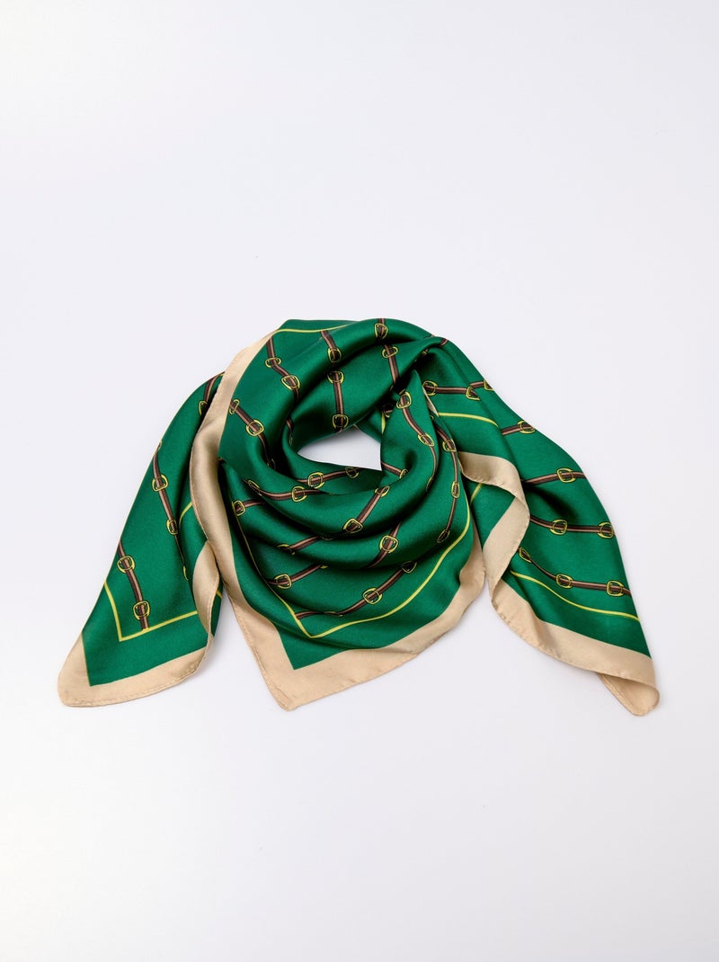 Foulard carré chic satiné motif équestre Vert - Kiabi