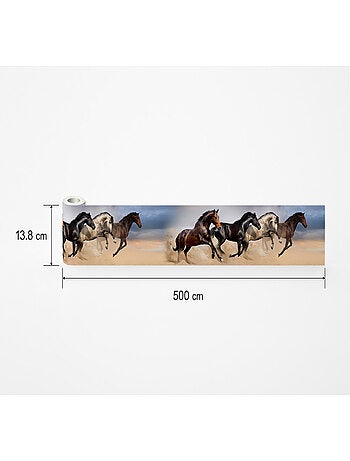 Frise auto collante 4 chevaux qui galopent et sautent sur le sable -1 rouleau