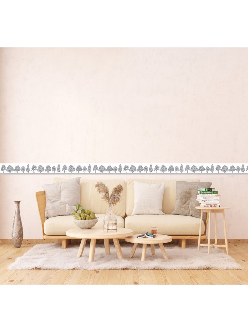 Frise auto-collante 5 arbres dessinés en gris sur fond blanc Multicolore - Kiabi