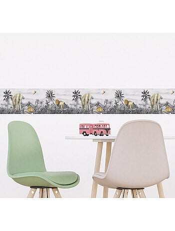 Frise auto-collante Animaux de la jungle lion et éléphant en noir et blanc - 1 rouleau de 0,138 x 5