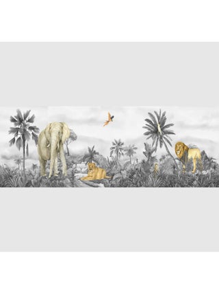 Frise auto-collante Animaux de la jungle lion et éléphant en noir et blanc - 1 rouleau de 0,138 x 5