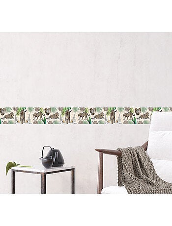 Frise auto collante sur fond beige avec des léopards et de la végétation