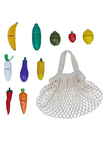 Fruits et légumes avec filet à provisions en bois enfant avec scratch à découper