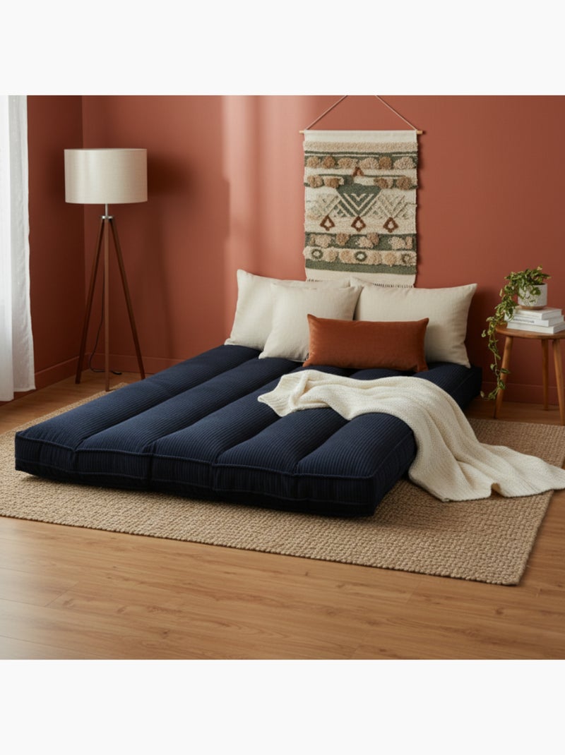 Futon déhoussable 2 places en velours côtelé BANANAIR 140x190 cm Bleu foncé - Kiabi