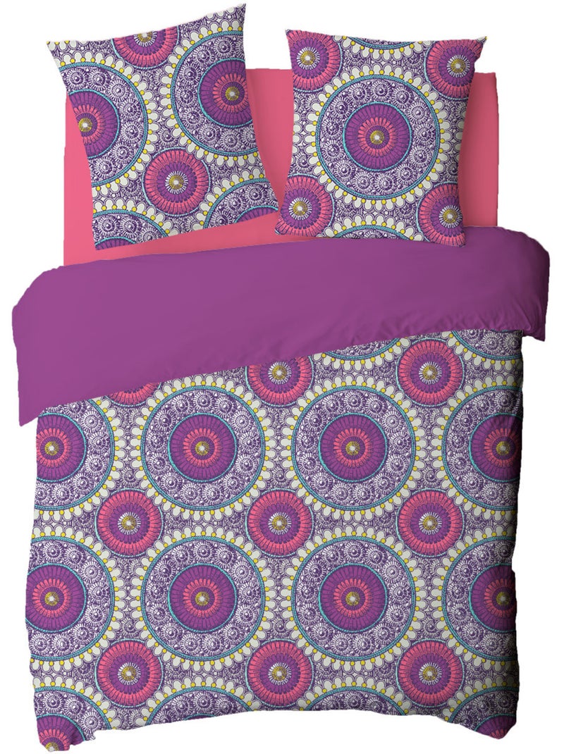 Future Home - Parure de lit 2 personnes rosaces en satin 78 fils Violet figue - Kiabi