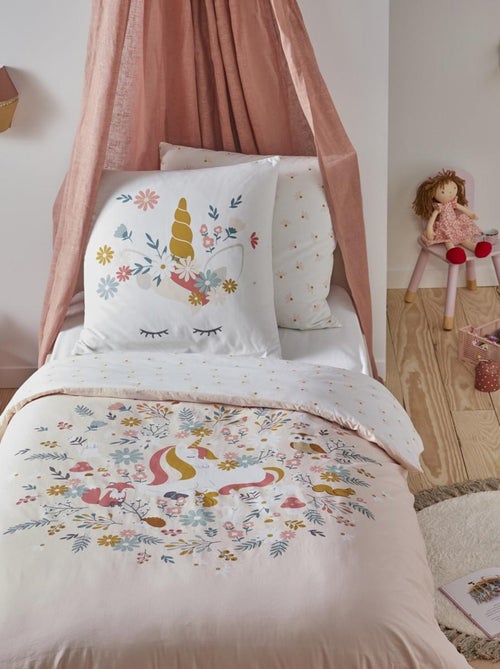 Future Home - Parure de lit enfant en coton imprimé rose Licorne - Kiabi