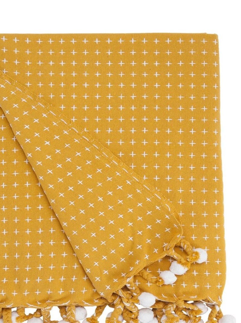 Future Home - Plaid polycoton curry et blanc avec pompons 125x150cm Moutarde - Kiabi