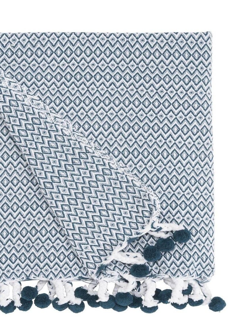 Future Home - Plaid polycoton pétrole et blanc avec pompons 125x150cm Bleu - Kiabi