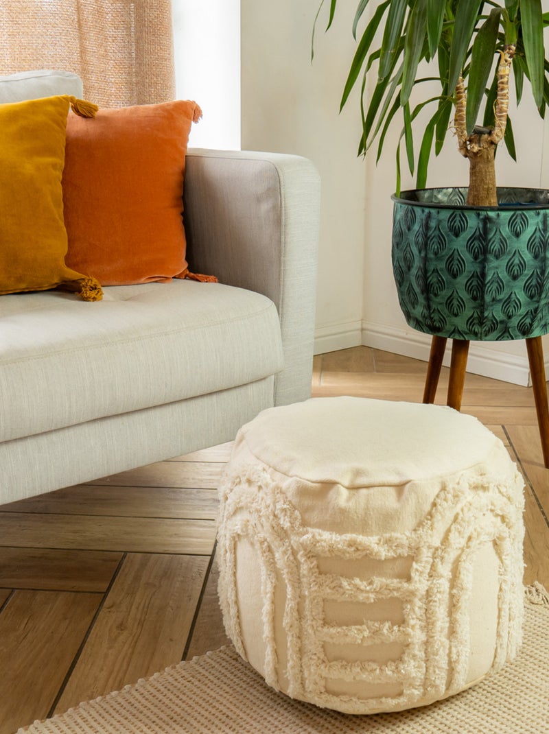 Future Home - Pouf rond texturé bohème 100% coton Ecru - Kiabi