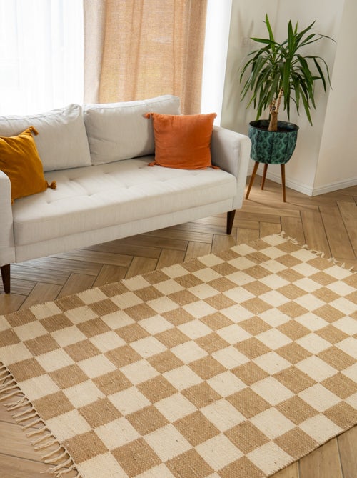 Future Home - Tapis déco damier à franges en coton et jute - Kiabi