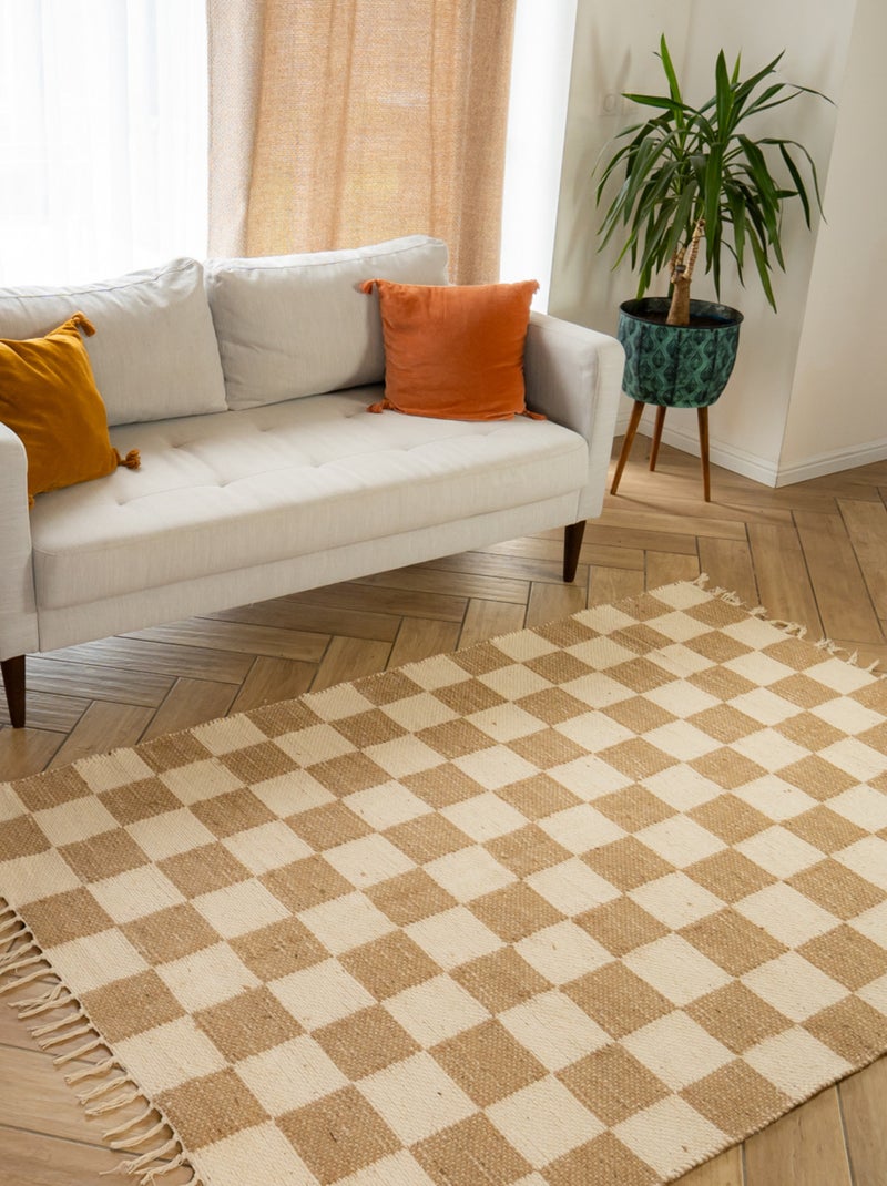 Future Home - Tapis déco damier à franges en coton et jute Beige - Kiabi