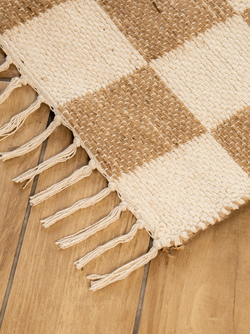 Future Home - Tapis déco damier à franges en coton et jute Beige - Kiabi