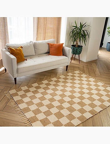 Future Home - Tapis déco damier à franges en coton et jute