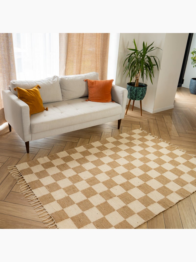 Future Home - Tapis déco damier à franges en coton et jute Blanc Beige Gris - Kiabi