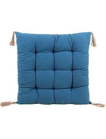Galette de chaise bleue avec pompons 40x40cm