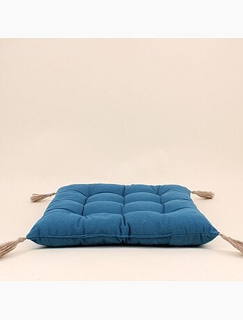 Galette de chaise bleue avec pompons 40x40cm