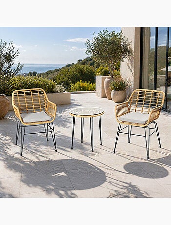 GALICIA Ensemble de jardin 2 fauteuils et table basse effet rotin naturel
