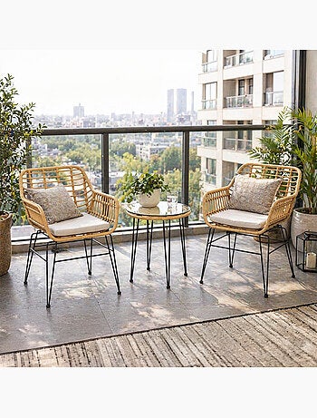 GALICIA Ensemble de jardin 2 fauteuils et table basse effet rotin naturel