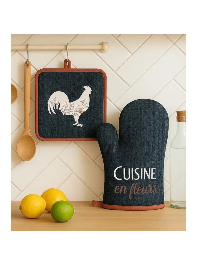 Gant et manique de cuisine Coq et fleurs gris anthracite - Kiabi