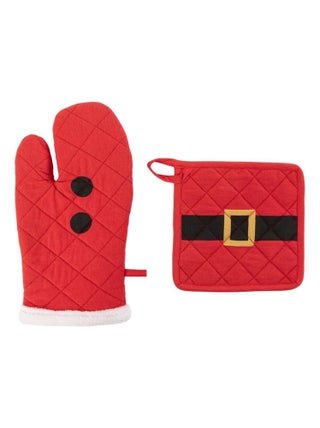 Gant et manique Père Noël rouge coton