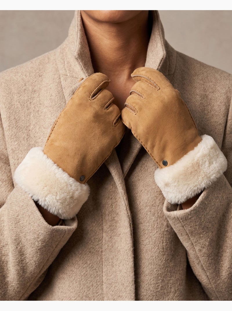 Gants chauds et doux, en cuir de mouton retourné, et intérieur femme Marron caramel - Kiabi