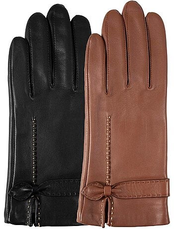 Gants cuir d'agneau avec nœud plat - doublés soie femme isotoner