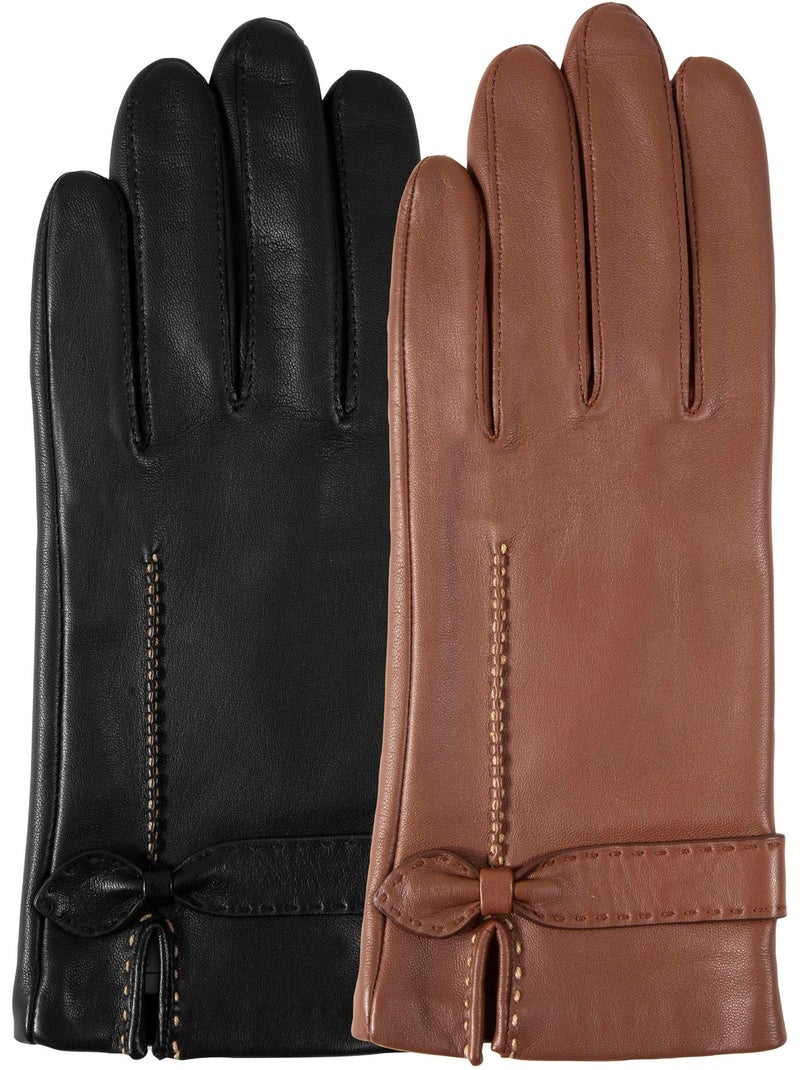 Gants cuir d'agneau avec nœud plat - doublés soie femme isotoner Noir - Kiabi
