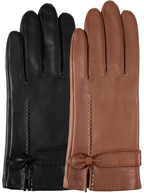 Gants cuir d'agneau avec nœud plat - doublés soie femme - Kiabi