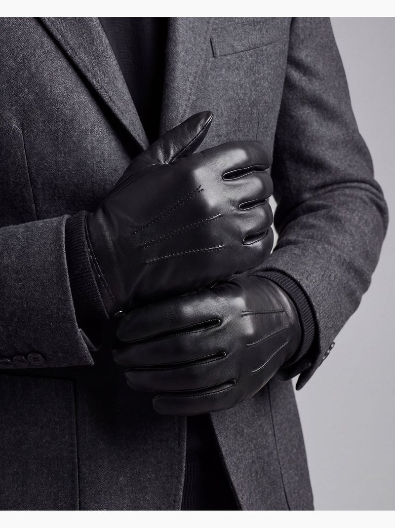 Gants en cuir d'agneau pleine fleur, doublés cachemire et soie homme Noir - Kiabi