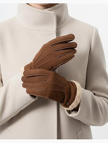 Gants en cuir de chèvre velours, doublés en imitation fourrure femme