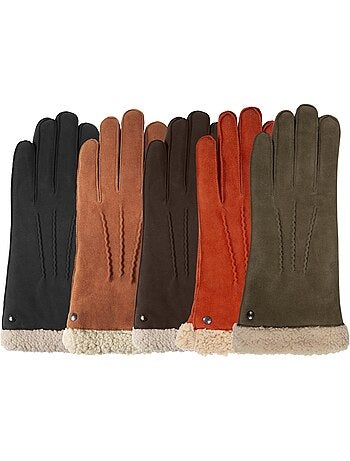Gants en cuir de chèvre velours, doublés en imitation fourrure femme