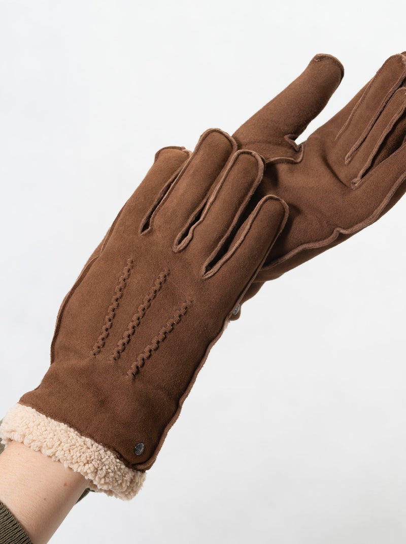 Gants en cuir de chèvre velours, doublés en imitation fourrure femme Isotoner Cognac - Kiabi