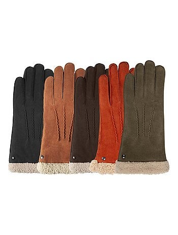 Gants en cuir de chèvre velours, doublés en imitation fourrure femme Isotoner