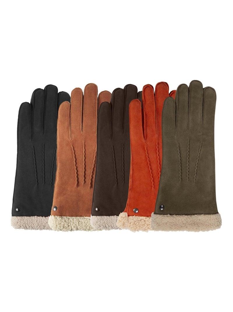 Gants en cuir de chèvre velours, doublés en imitation fourrure femme Isotoner Marron - Kiabi