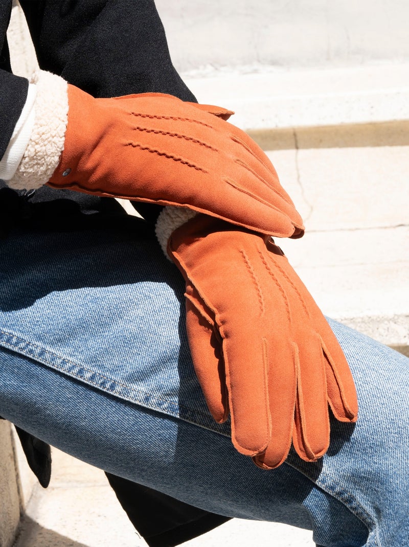 Gants en cuir de chèvre velours, doublés en imitation fourrure femme Isotoner Orange mandarine - Kiabi