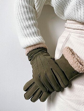 Gants en cuir de chèvre velours, doublés en imitation fourrure femme Isotoner