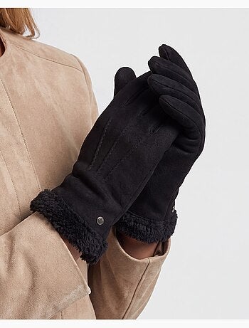 Gants en cuir de chèvre velours, doublés en imitation fourrure femme