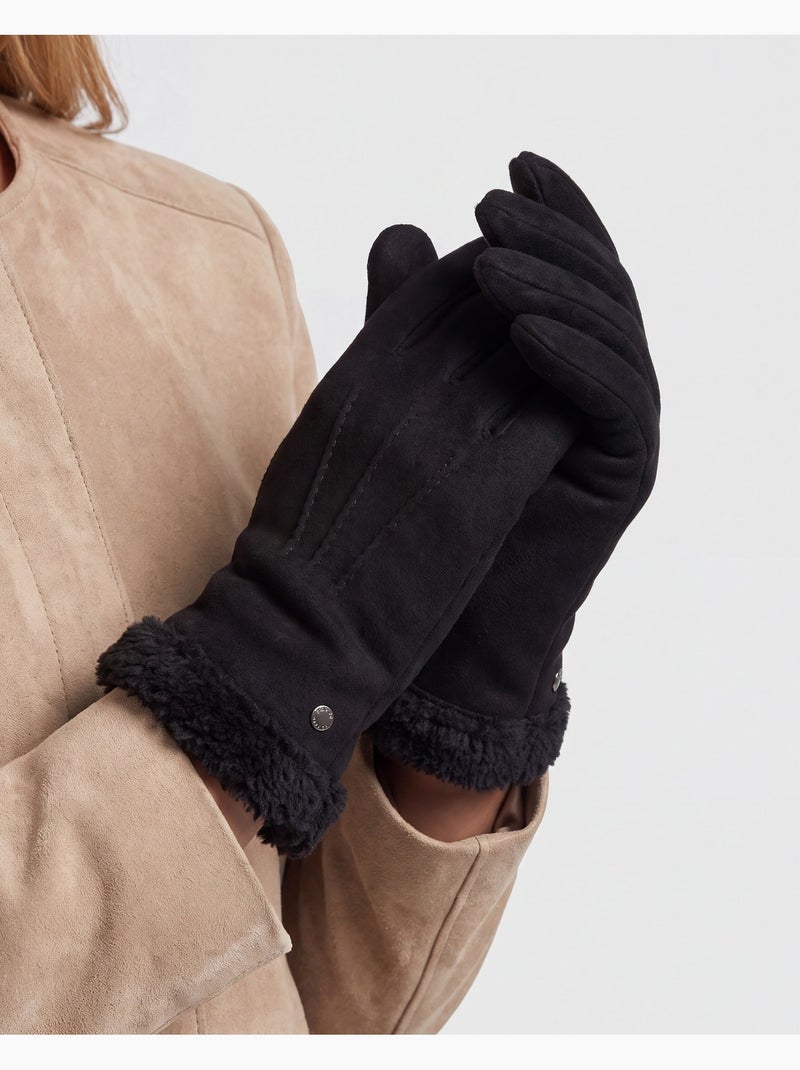Gants en cuir de chèvre velours, doublés en imitation fourrure femme Noir - Kiabi