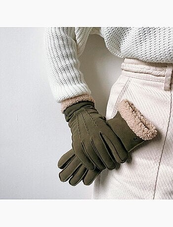 Gants en cuir de chèvre velours, doublés en imitation fourrure femme