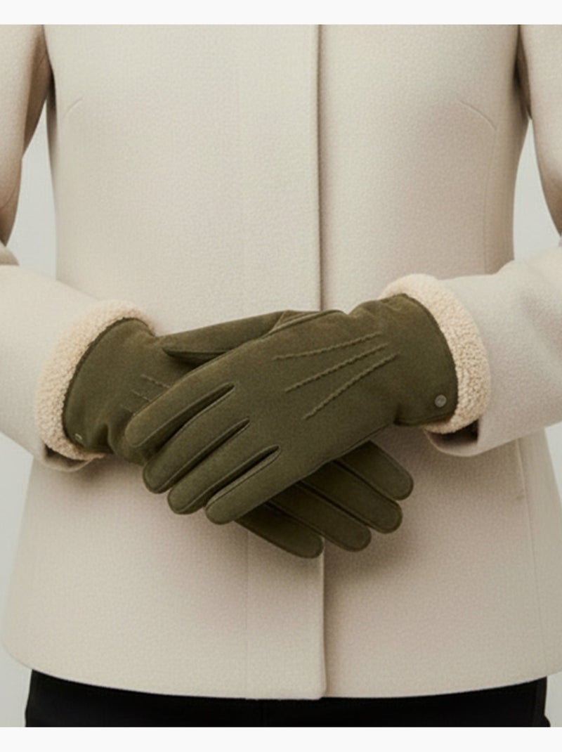 Gants en cuir de chèvre velours, doublés en imitation fourrure femme Vert olive - Kiabi