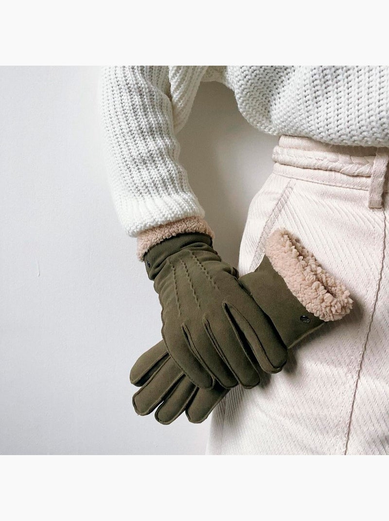 Gants en cuir de chèvre velours, doublés en imitation fourrure femme Vert olive - Kiabi