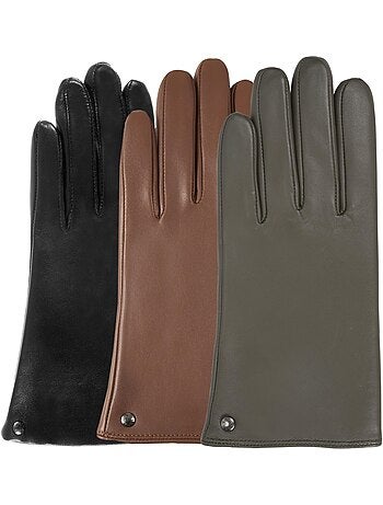 Gants tactiles en cuir d'agneau - doublés micro fausse fourrure femme isotoner