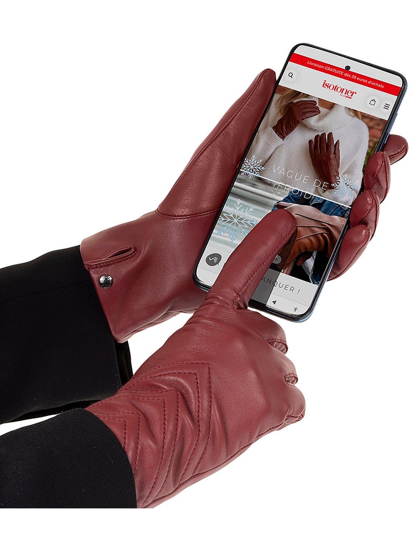 Gants tactiles en cuir d'agneau - doublés micro fausse fourrure femme isotoner Noir - Kiabi