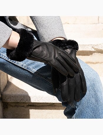 Gants tactiles en cuir d'agneau pleine fleur - doublés chaud femme isotoner