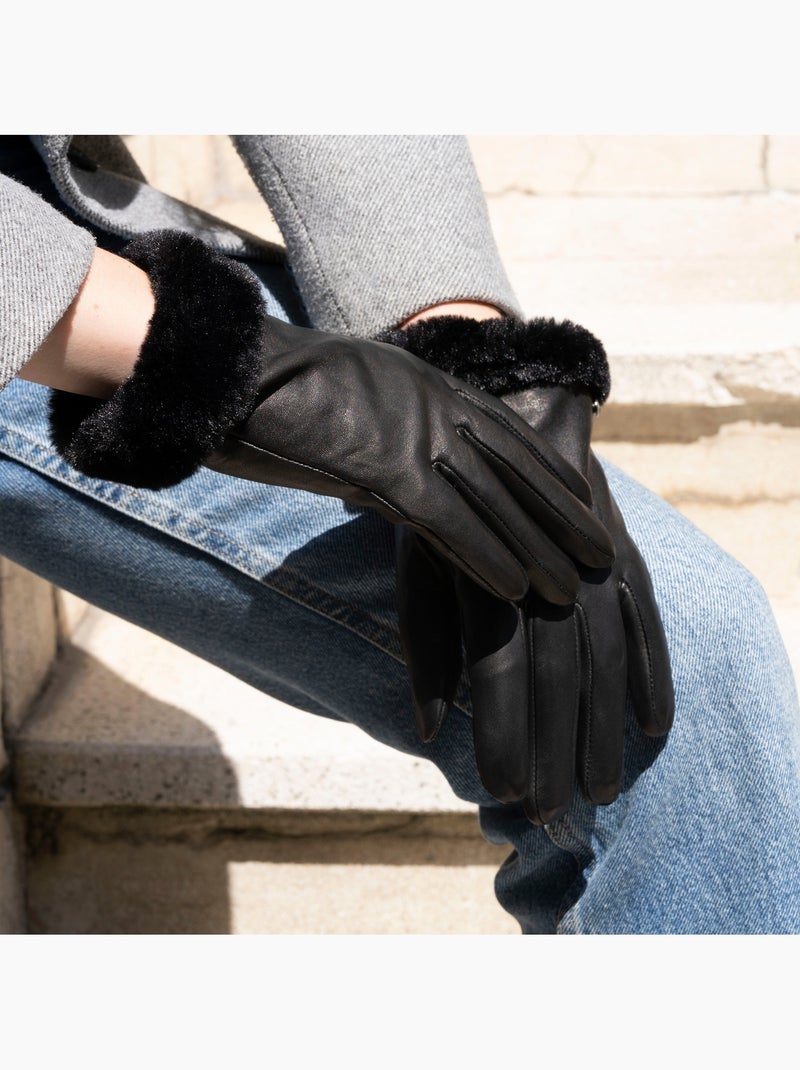 Gants tactiles en cuir d'agneau pleine fleur - doublés chaud femme isotoner Noir - Kiabi
