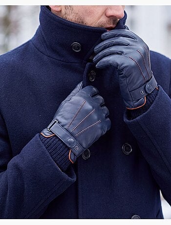 Gants tactiles, en cuir d'agneau pleine fleur, doublés polaire homme
