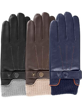 Gants tactiles, en cuir d'agneau pleine fleur, doublés polaire homme isotoner