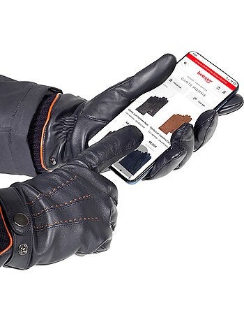 Gants tactiles, en cuir d'agneau pleine fleur, doublés polaire homme isotoner