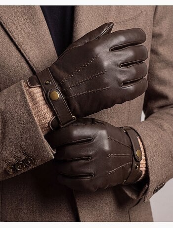 Gants tactiles, en cuir d'agneau pleine fleur, doublés polaire homme